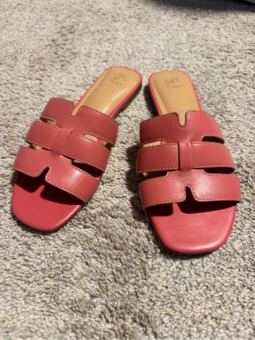 Dune London Coral-Pink Leather Slide Sandals